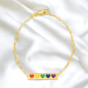 14k Gold Bar Bracelet with Rainbow Enamel Hearts - Roteiro Jewelry