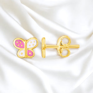 Enamel Pink and White Butterfly Stud Earrings