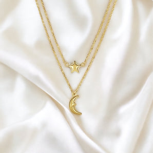 Double-Strand Chain Necklace with Puff Moon and Star