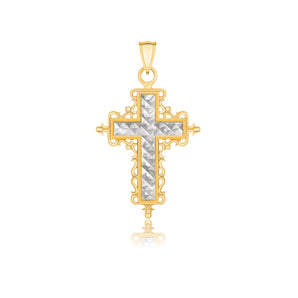 14k Two-Tone Gold Diamond Cut and Baroque Inspired Cross Pendant RCJ