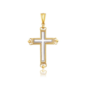 14k Two-Tone Gold Cross Pendant with an Ornate Budded Style RCJ