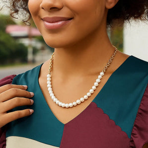 14k Yellow Gold Oval Chain Necklace with Pearls RCJ