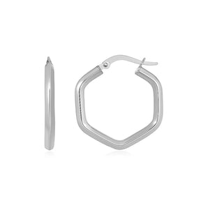 14k White Gold Shiny Hexagon Hoop Earrings RCJ