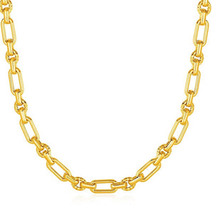 Rounded Rectangular Link Necklace with Textured Round Links in 14k Yellow Gold RCJ