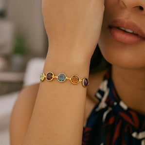 Adjustable Bracelet with Multicolored Round Gemstones in 14k Yellow Gold(1.00mm) RCJ