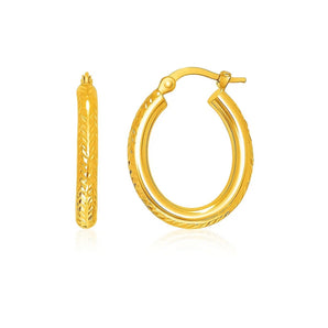 14k Yellow Gold Diamond Cut Textured Oval Hoop Earrings. RCJ