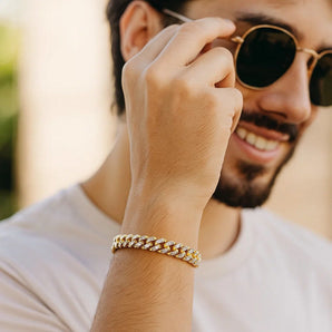 14k Yellow Gold White Pave High Polish Modern Lite Miami Cuban Bracelet(6.50 mm) RCJ