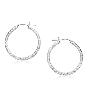 14k White Gold Diamond Cut Hoop Earrings  (2x25mm) RCJ