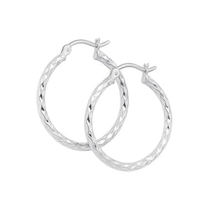 14k White Gold Diamond Cut Hoop Earrings  (2x25mm) RCJ