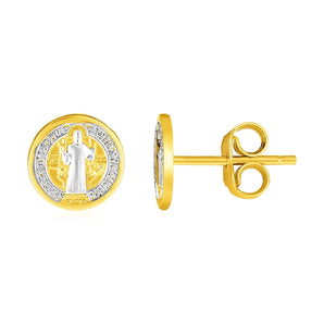 14k Two Tone Gold Round Religious Medal Post Earrings(8mm) RCJ