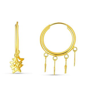 14K Yellow Gold Endless Star Charm Huggie Hoop Earrings RCJ