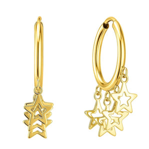 14K Yellow Gold Endless Star Charm Huggie Hoop Earrings RCJ