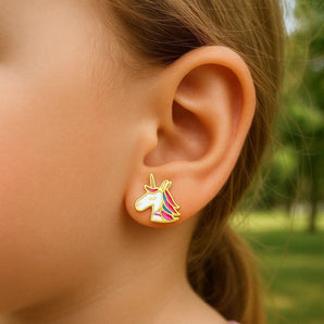 14k Yellow Gold Enameled Unicorn Childrens Earrings RCJ