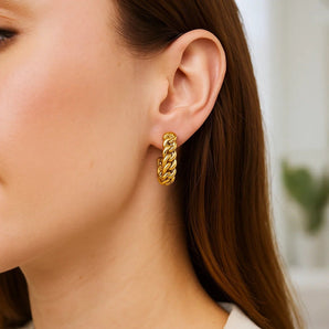 14K Yellow Gold Slender Curb Chain Hoop Earrings RCJ