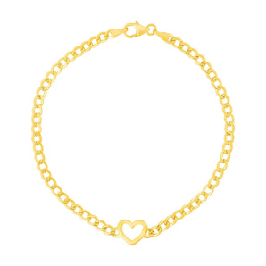 14k Yellow Gold 7 inch Curb Chain Bracelet with Heart (3.40 mm) RCJ