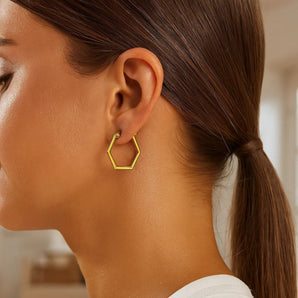 14K Yellow Gold Hexagon Shaped Hoop Earrings RCJ