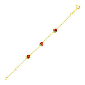 14k Yellow Gold Childrens Bracelet with Enameled Strawberries(1.00 mm) RCJ