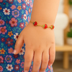 14k Yellow Gold Childrens Bracelet with Enameled Strawberries(1.00 mm) RCJ