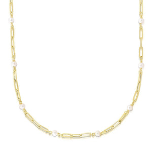 14k Yellow Gold Paperclip Chain and Pearl Necklace RCJ
