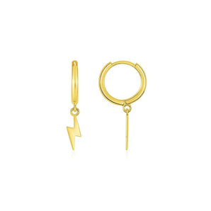 14K Yellow Gold Lighting Bolt Drop Hoop Earrings RCJ