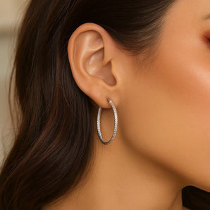 14k White Gold Tube Textured Round Hoop Earrings(1.5x25mm) RCJ