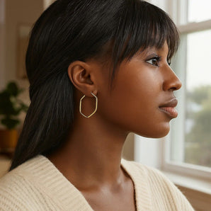 14K Yellow Gold Hexagon Hoop Rounded Edge Earrings RCJ