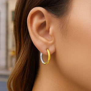 14k Two-Tone Gold Hoop Earrings with Textured Style(2.5x15mm) RCJ