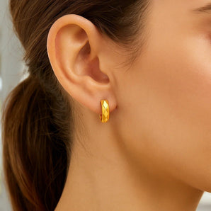 14K Yellow Gold Diamond Motif Faceted Huggie Earrings RCJ