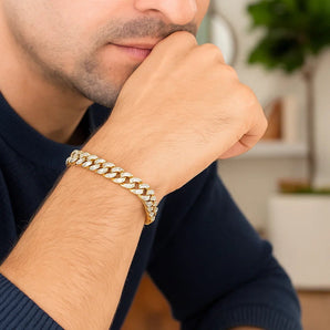 14k Yellow Gold White Pave High Polish Modern Lite Miami Cuban Bracelet(8.00 mm) RCJ