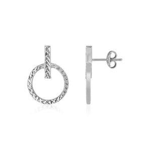 14k White Gold Textured Circle and Bar Post Earrings RCJ