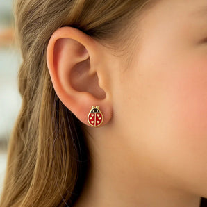 14K Yellow Gold Ladybug Enamel Earrings RCJ