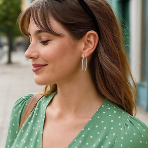 14k White Gold Slim Oval Shape Hoop Earrings RCJ