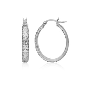 10k White Gold Hammered Oval Hoop Earrings RCJ