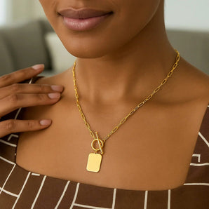 14k Yellow Gold Paperclip Chain Necklace with Rounded Rectangle Pendant RCJ