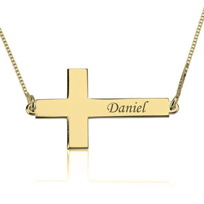 Personalized Sideways Cross Name Necklace in 14K Gold with Adjustable Box Chain