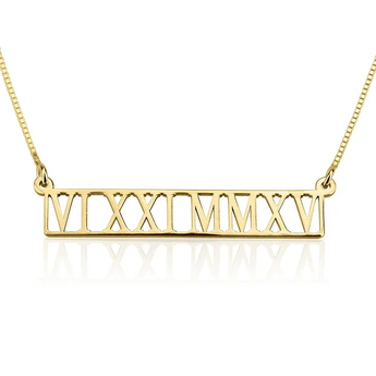 Roman Numeral Cut Out Bar Necklace in 14K Gold with Adjustable Box Chain OC