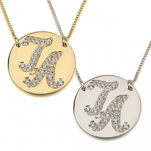 Personalized Initial Disc Necklace with Cubic Zirconia in 14K Gold with Adjustable Box Chain