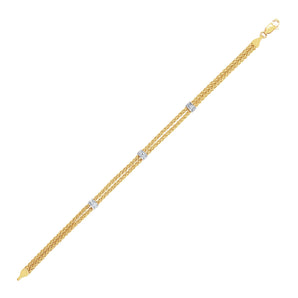 Two-Tone Gold Dual Wheat Chain Bracelet with Diamond Stations