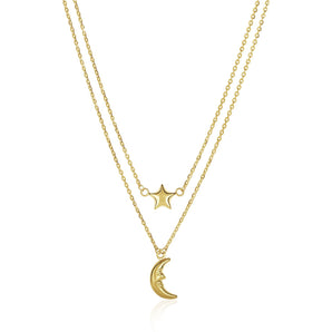 Double-Strand Chain Necklace with Puff Moon and Star