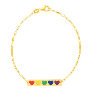 14k Gold Bar Bracelet with Rainbow Enamel Hearts - Roteiro Jewelry